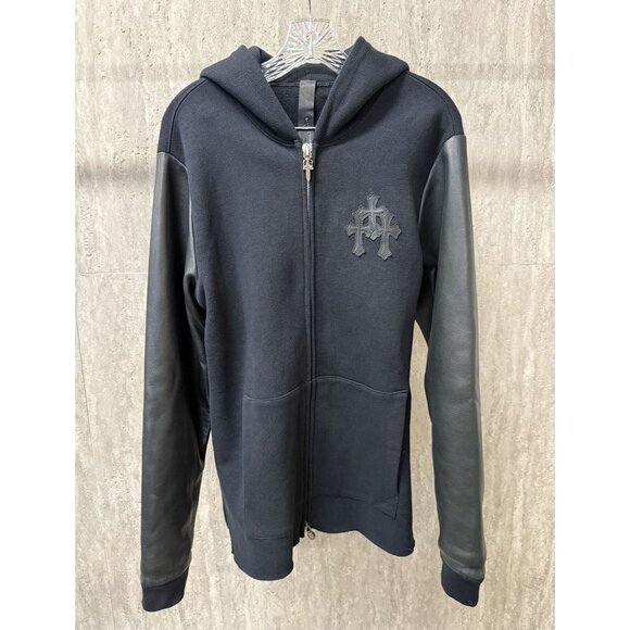 Chrome Hearts Black Hoodie W/ Leather Sleeves & Gothic Cross Details Full Zip Co - Picture 1 of 16